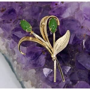 Sorrento Sterling Silver Vermeil Nephrite Jade Floral Brooch